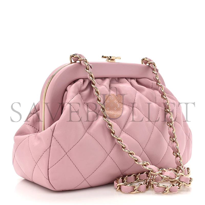 CHANEL LAMBSKIN QUILTED CC KISSLOCK CLUTCH PINK (23*15*8cm)
